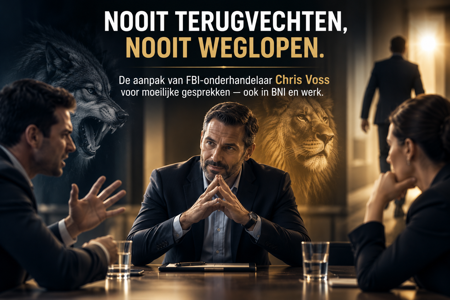 Twee mensen in een rustig gesprek, één kalm en open, de ander zichtbaar gespannen